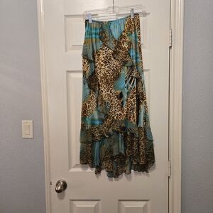 Russell Kemp Teal and Tan Leopard-Print Layered Maxi Skirt with Stripe Accents